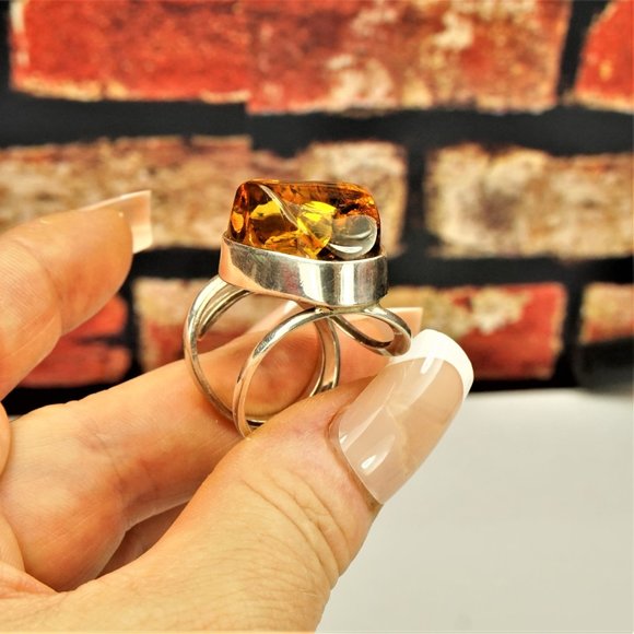 LARGE BALTIC AMBER 925 SILVER ADJUSTABLE RING, UNIQUE DESIGN, GIFT FOR WOMEN - Picture 7 of 16